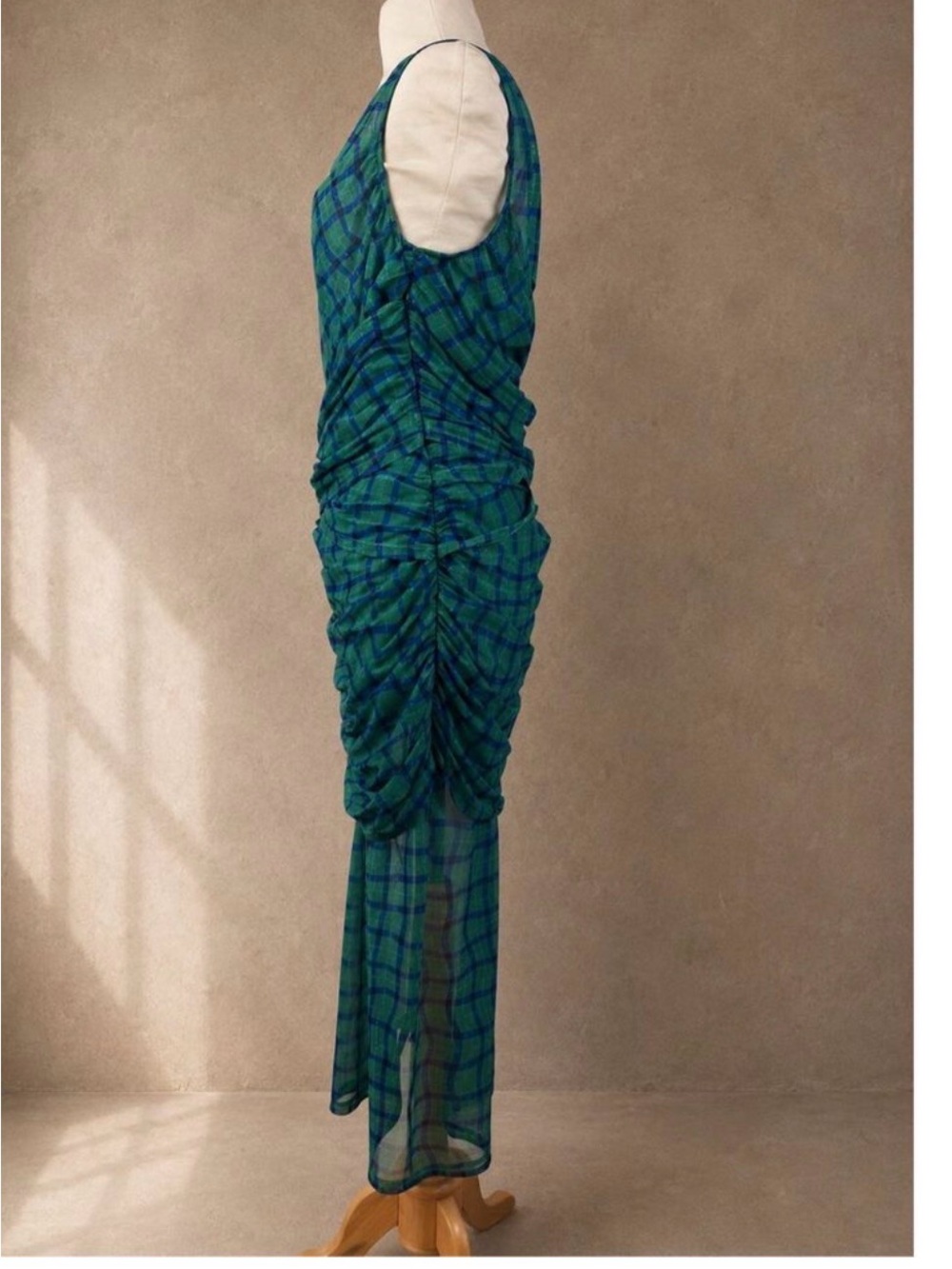 Simon Miller Kinny Ruched Plaid Mesh Midi Dress Anthropologie Green Blue- Size L - Picture 6 of 13